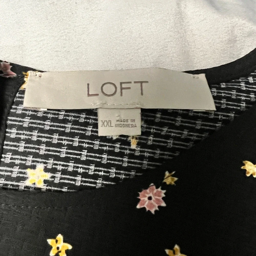 LOFT Black Floral Print Long‎ Sleeve Scoop Neck Top Waffleknit Plus Size XXL